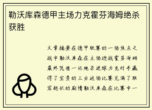 勒沃库森德甲主场力克霍芬海姆绝杀获胜 勒沃库森德甲主场力克霍芬海姆绝杀获胜