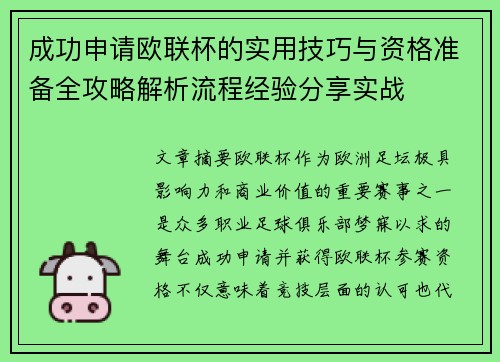 成功申请欧联杯的实用技巧与资格准备全攻略解析流程经验分享实战 成功申请欧联杯的实用技巧与资格准备全攻略解析流程经验分享实战